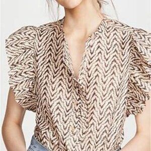 Joie Gabriana Ruffle Sleeve Blouse Cotton Silk-Blend Top Chevron Size XS NWOT